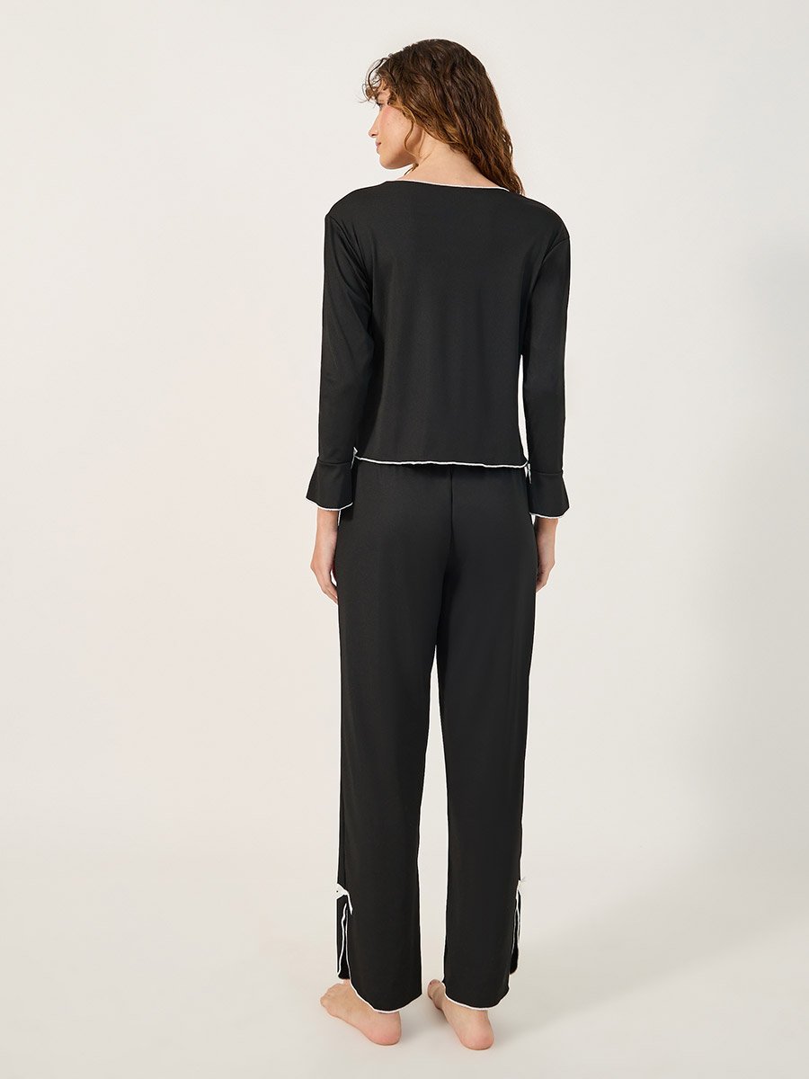 Solid Long Sleeve Button Front Pajama Set 