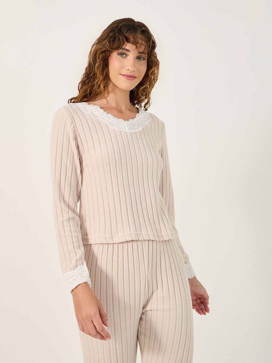 Ribbed Brushed Lace Trim Top and Pyjama Pants Set