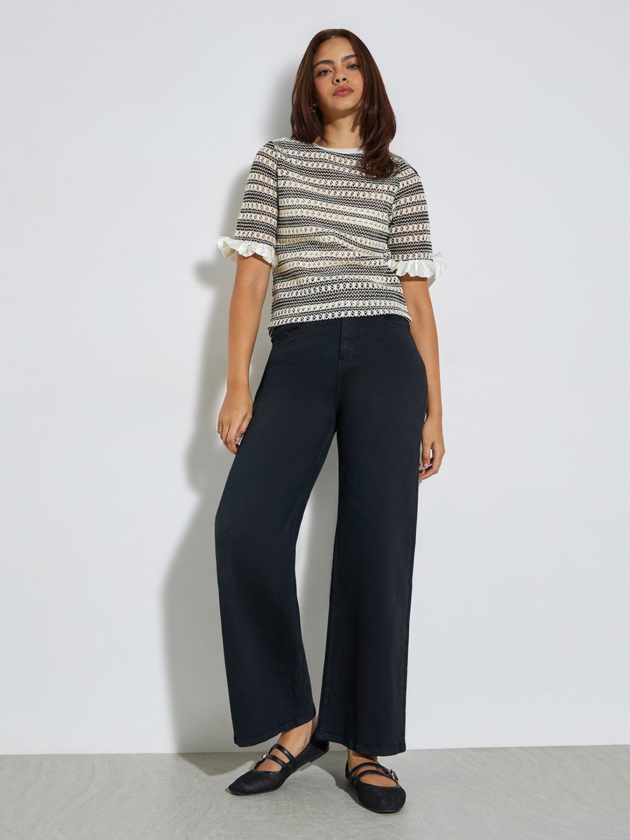 Ruffled Edge Sleeve Round Neck Regular Fit T-Shirt