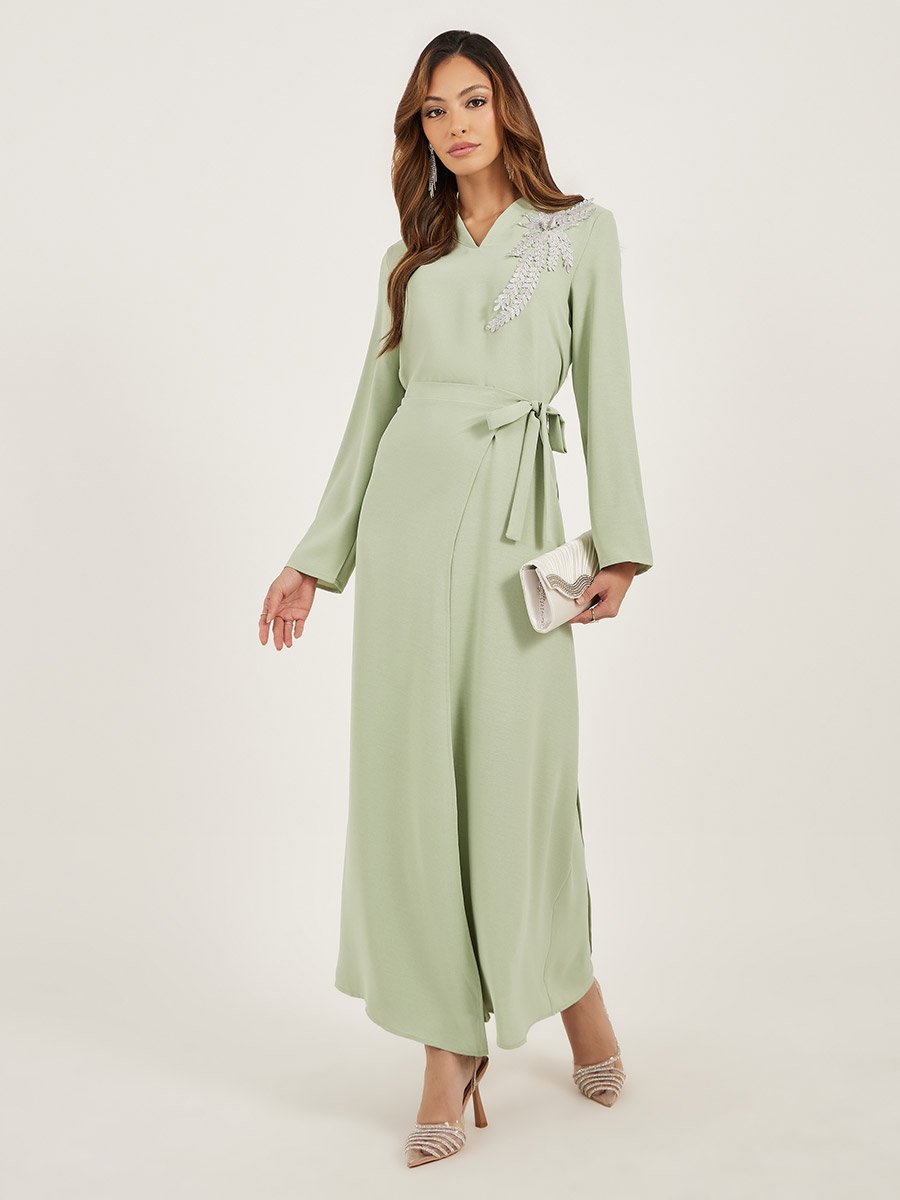 Lace Detail V Neck Wrap Look Jalabiya