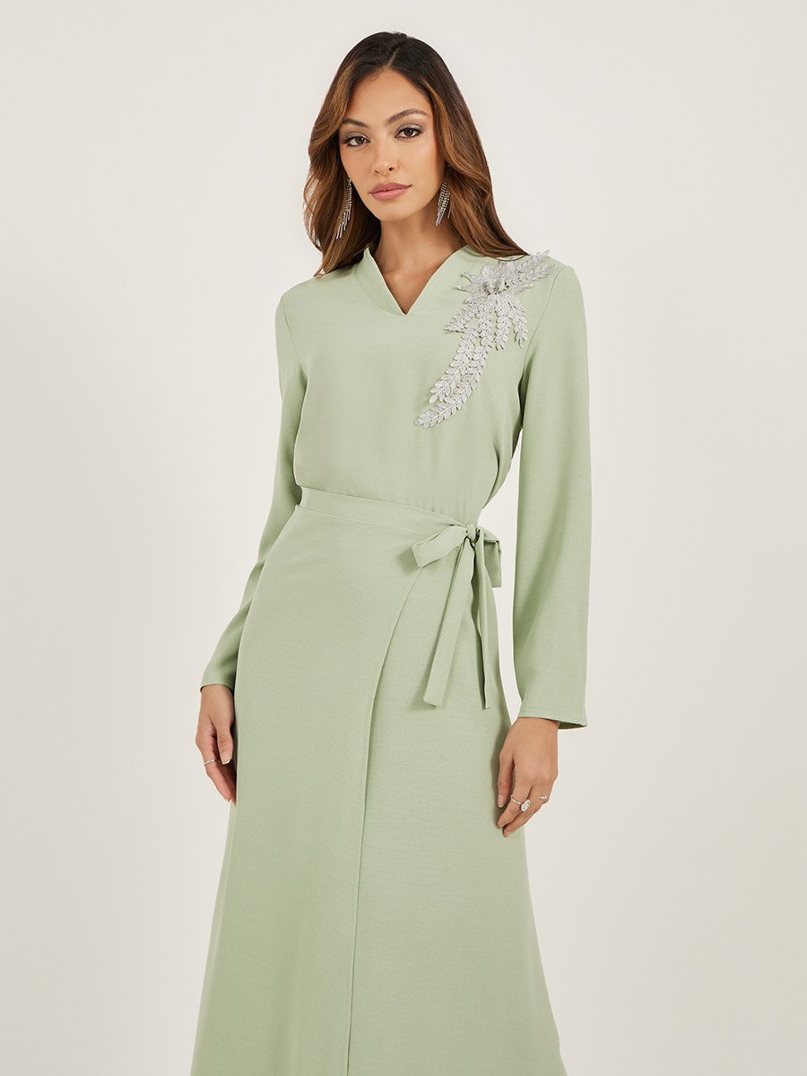Lace Detail V Neck Wrap Look Jalabiya
