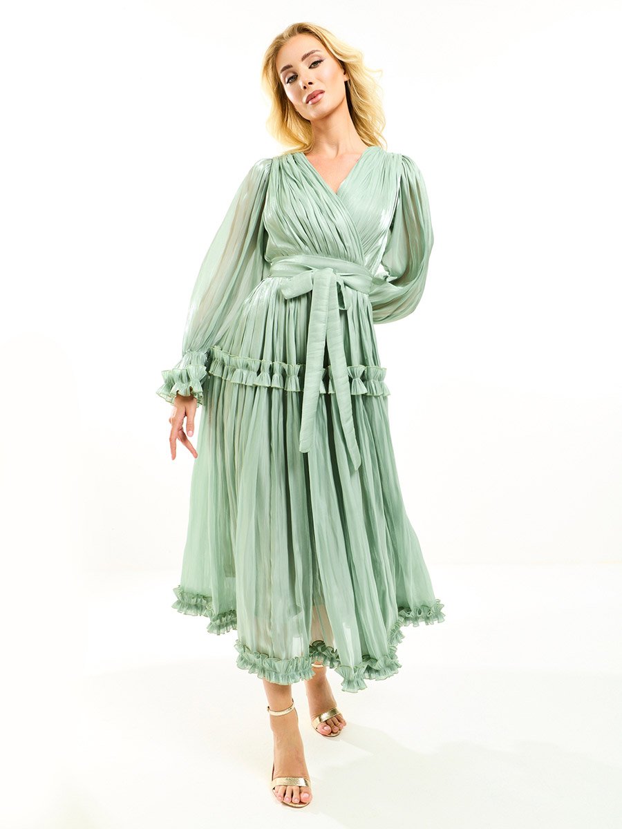 Glazed Organza Ruffle Trim Maxi Dress with Tie Belt For Women at UAE | Styli