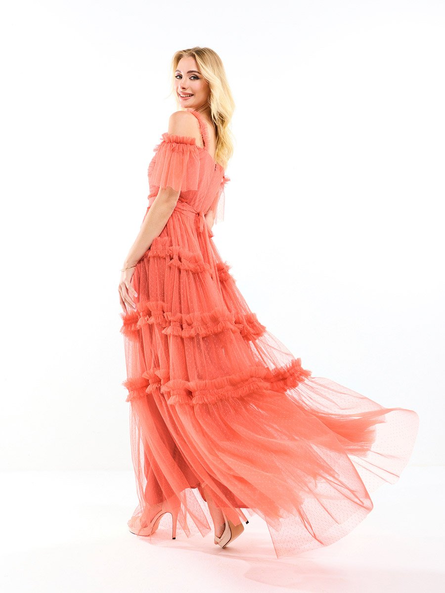 Ruffle Trim Cold Shoulder Maxi Dress with Flocked Mesh For Women at Saudi |  Styli