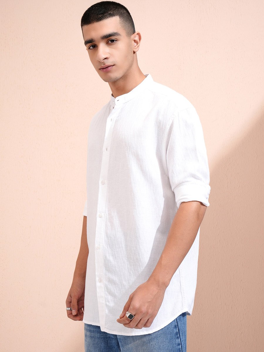Solid Relaxed Fit Mandarin Collar Shirt