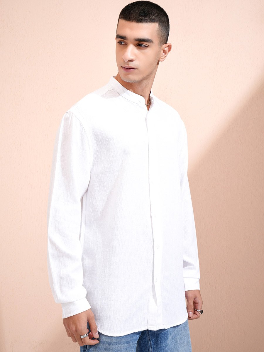 Solid Relaxed Fit Mandarin Collar Shirt