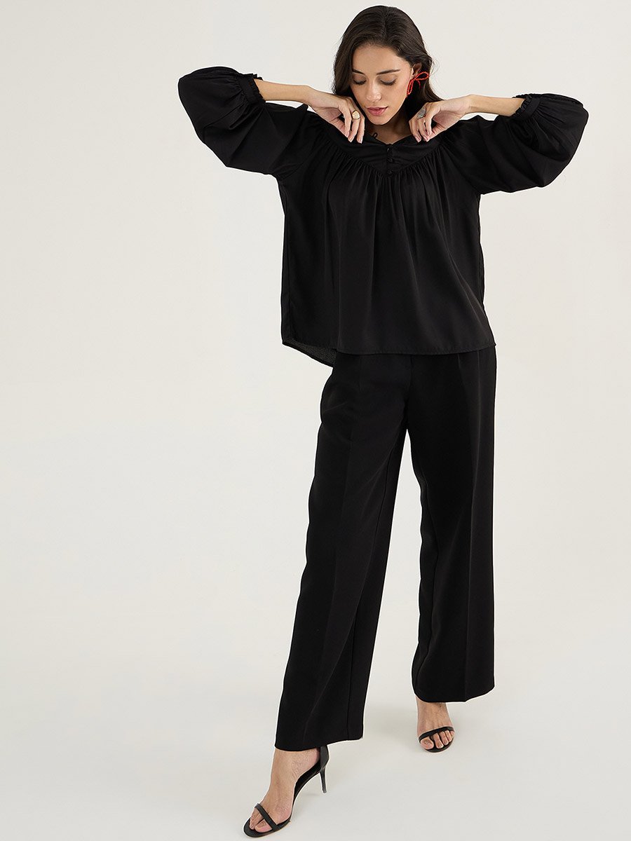 Solid Balloon Sleeve Pleated Top with Button Detail