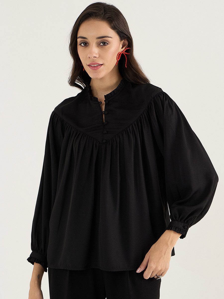 Solid Balloon Sleeve Pleated Top with Button Detail