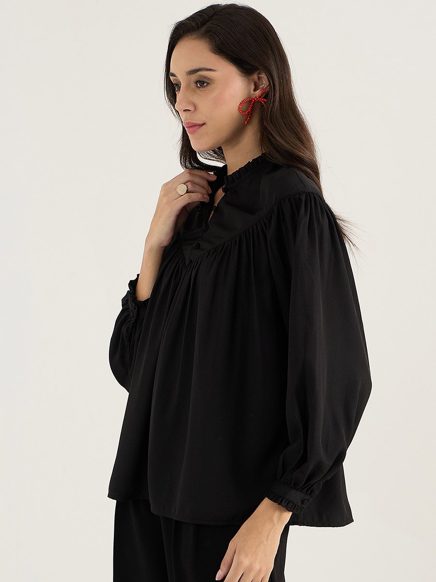 Solid Balloon Sleeve Pleated Top with Button Detail