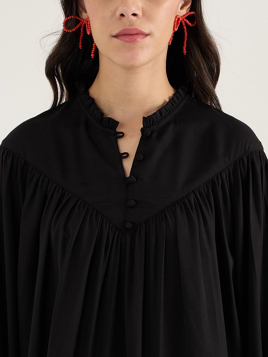 Solid Balloon Sleeve Pleated Top with Button Detail