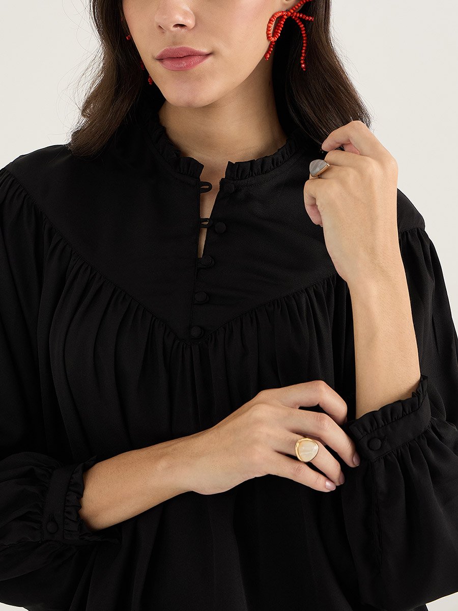 Solid Balloon Sleeve Pleated Top with Button Detail
