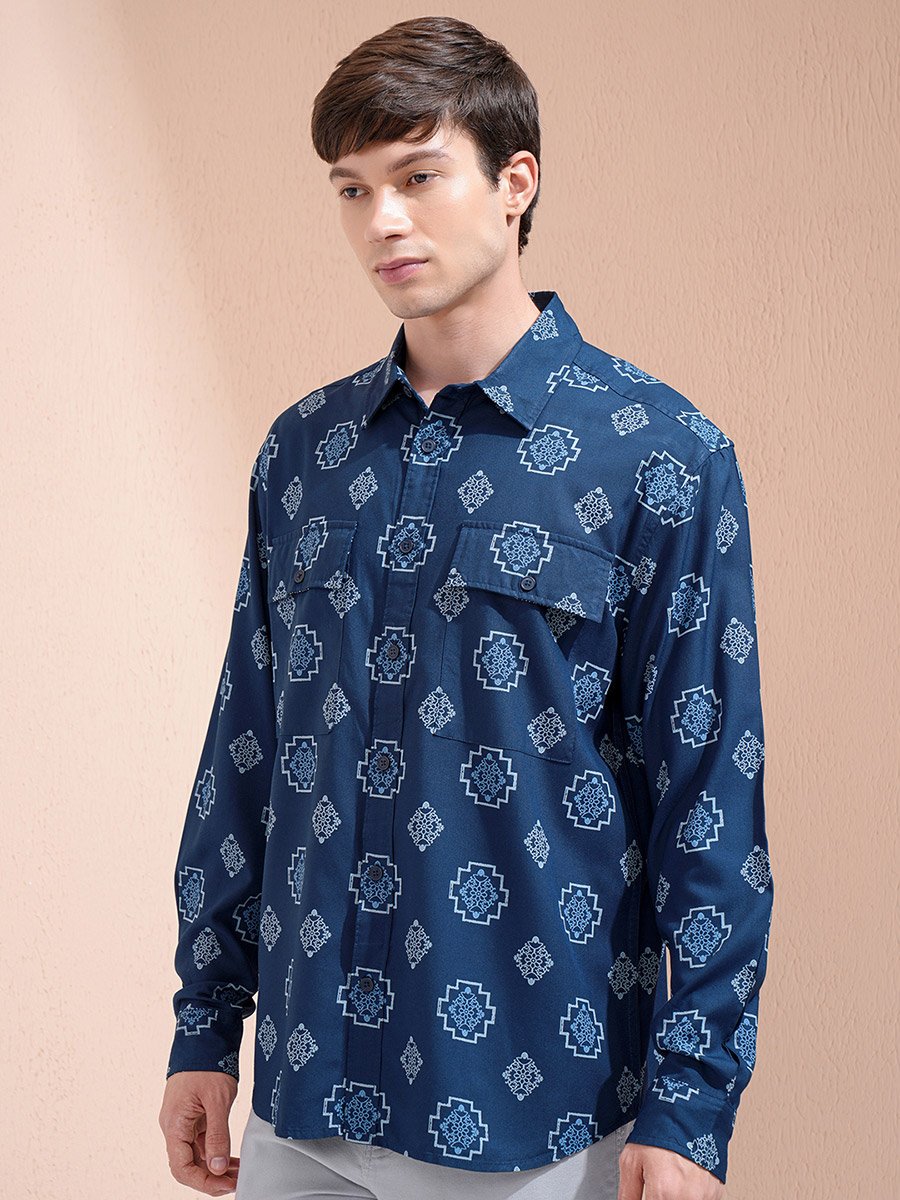 Printed Oversized Collared Shirt with Pockets