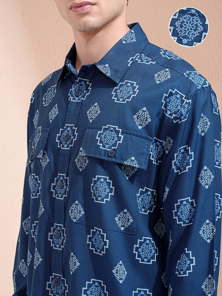Printed Oversized Collared Shirt with Pockets