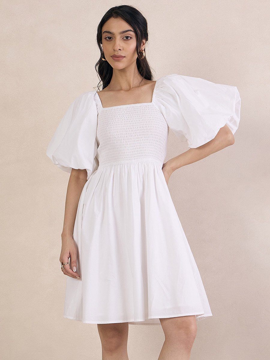 Puff Sleeve Square Neck Mini Dress with Smocked Detail