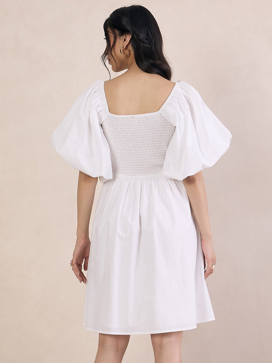 Puff Sleeve Square Neck Mini Dress with Smocked Detail