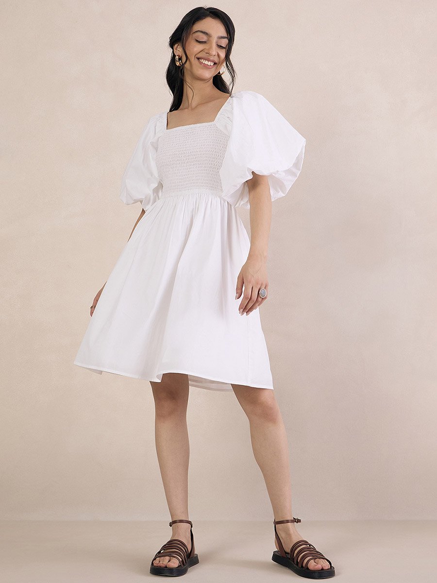 Puff Sleeve Square Neck Mini Dress with Smocked Detail