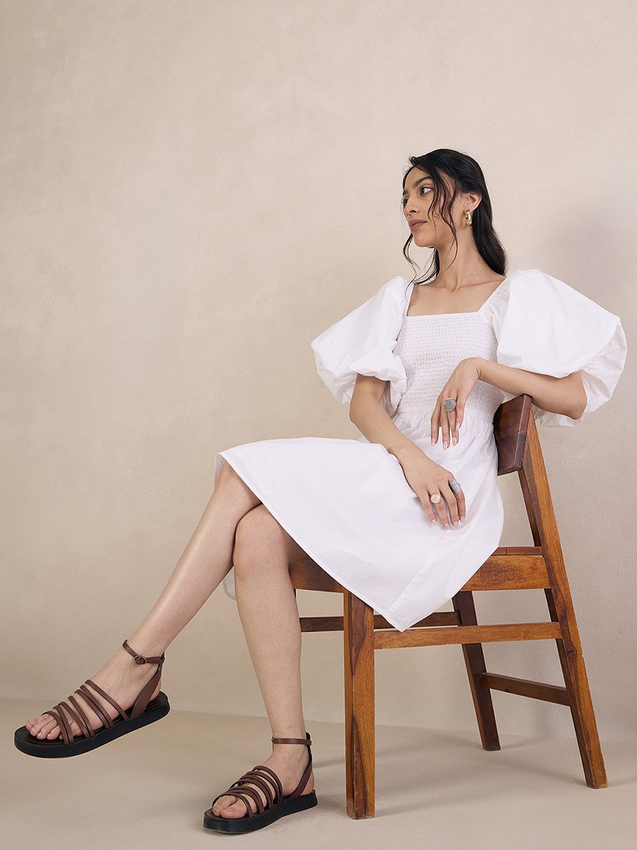Puff Sleeve Square Neck Mini Dress with Smocked Detail