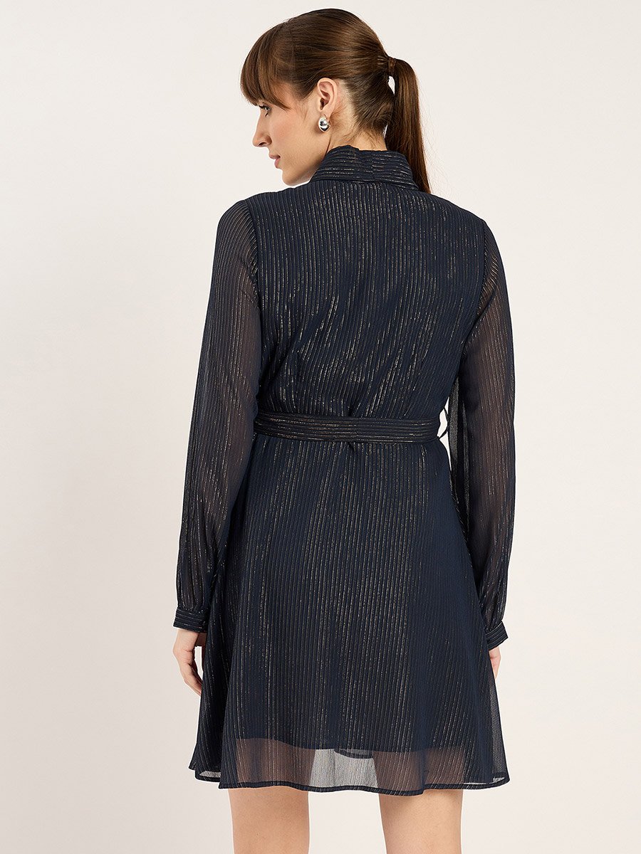 Textured V-Neck Wrap Mini Dress with Waist Tie Detail
