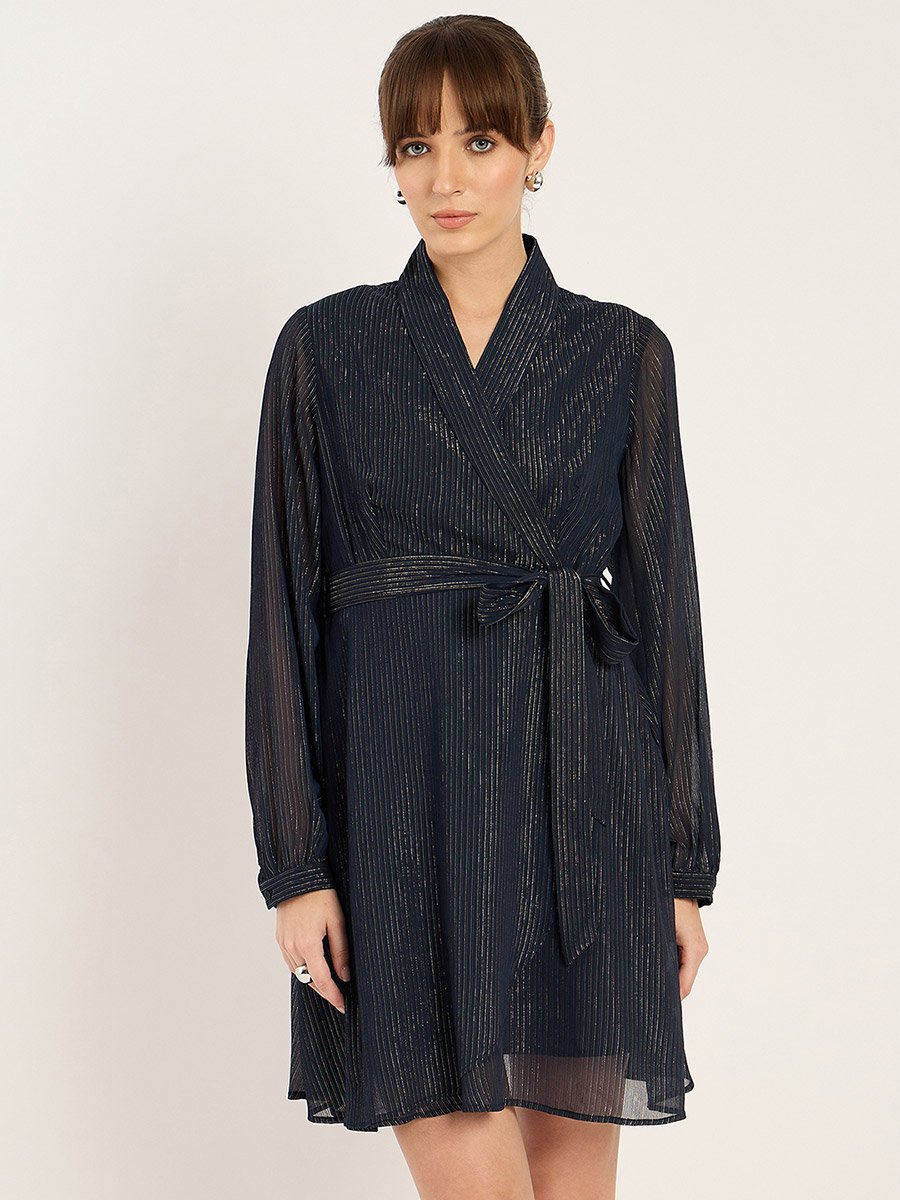 Textured V-Neck Wrap Mini Dress with Waist Tie Detail