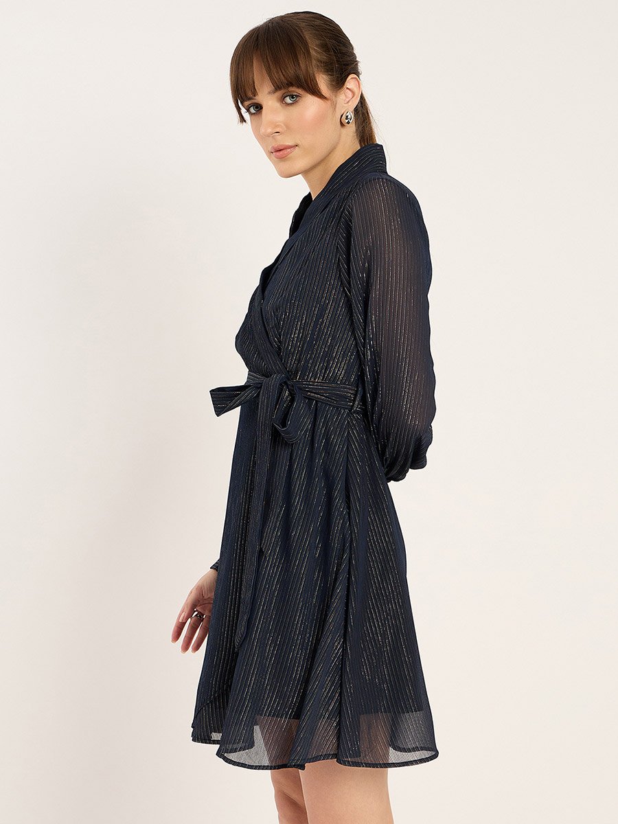 Textured V-Neck Wrap Mini Dress with Waist Tie Detail