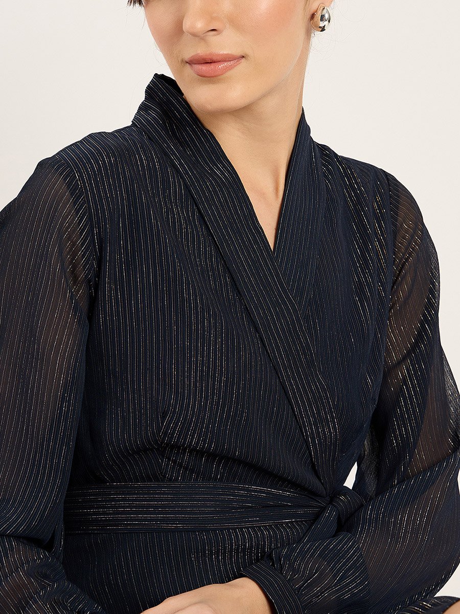 Textured V-Neck Wrap Mini Dress with Waist Tie Detail