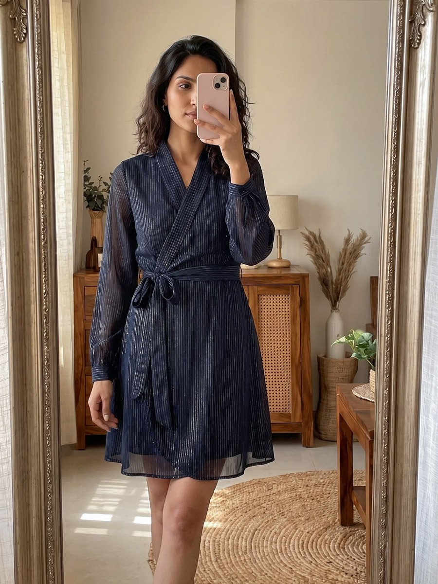 Textured V-Neck Wrap Mini Dress with Waist Tie Detail