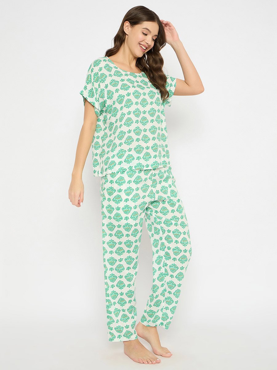 Floral Print Round Neck Top and Pyjama Set