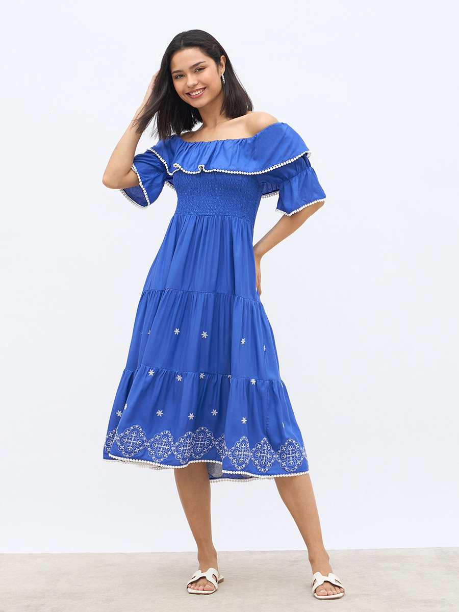 Women Blue Embroidered Off-Shoulder Midi Dress For Women at Bahrain | Styli