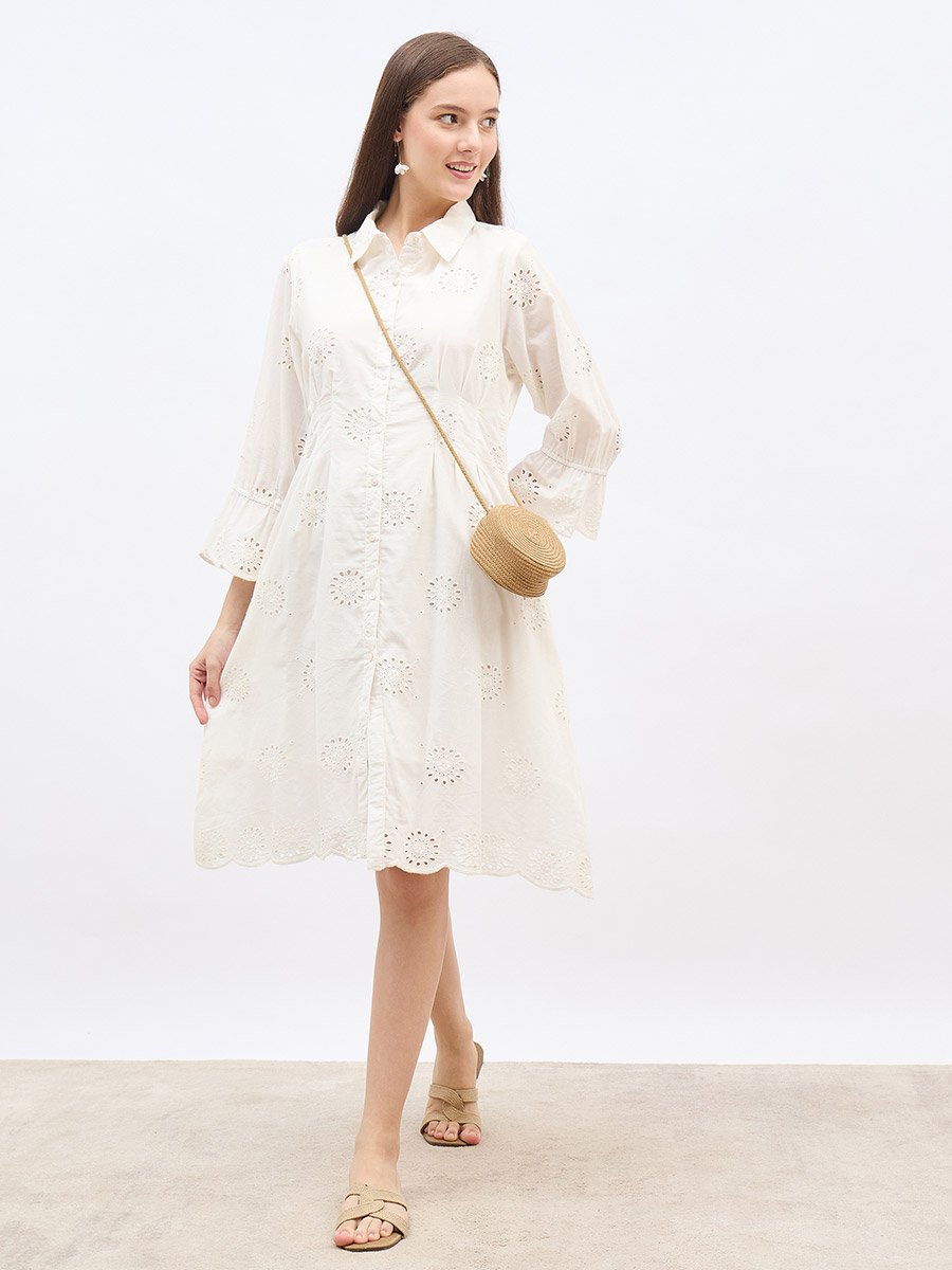 Women Bell Sleeves Schiffli Knee-Length Dress