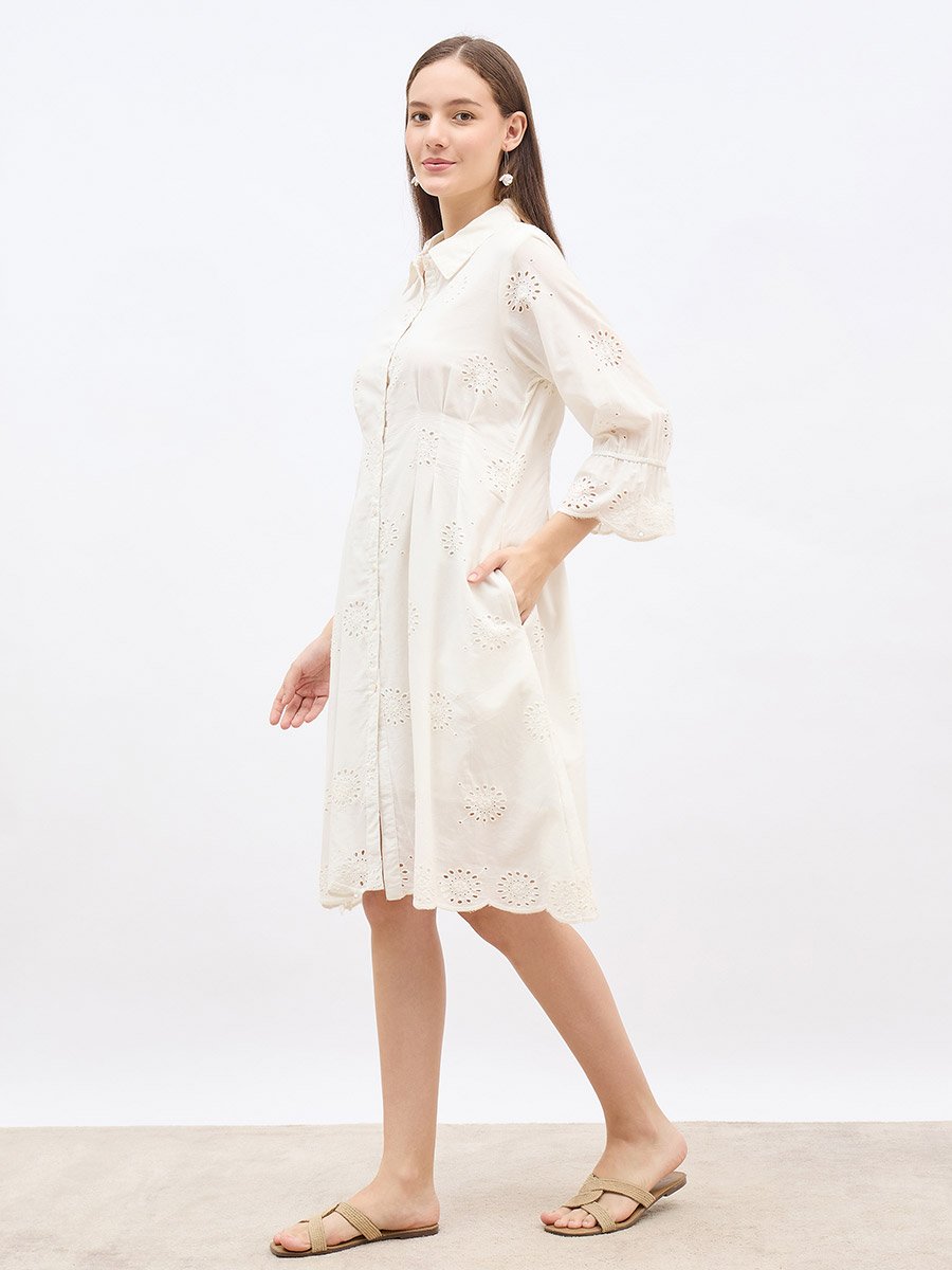 Women Bell Sleeves Schiffli Knee-Length Dress