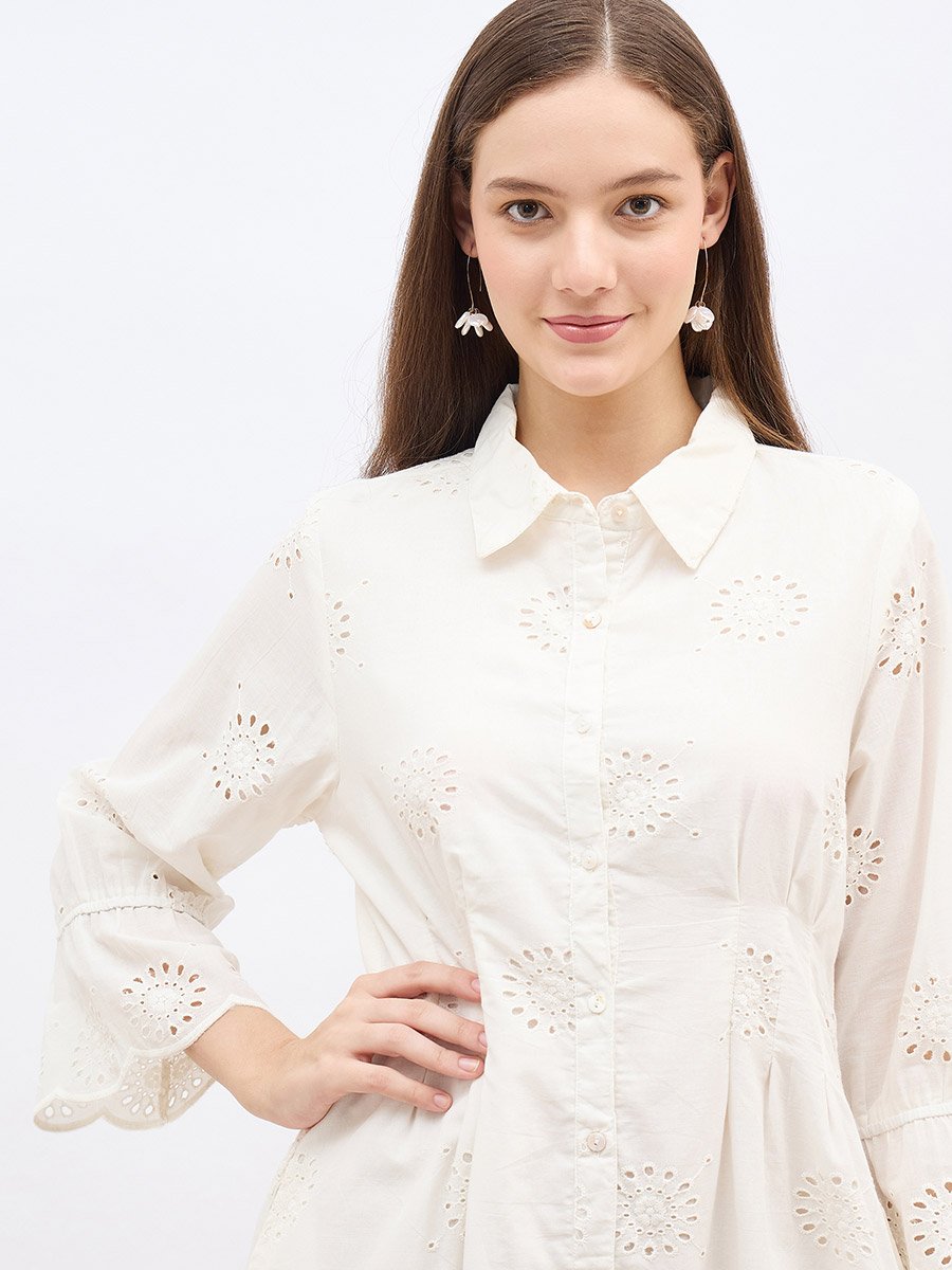 Women Bell Sleeves Schiffli Knee-Length Dress