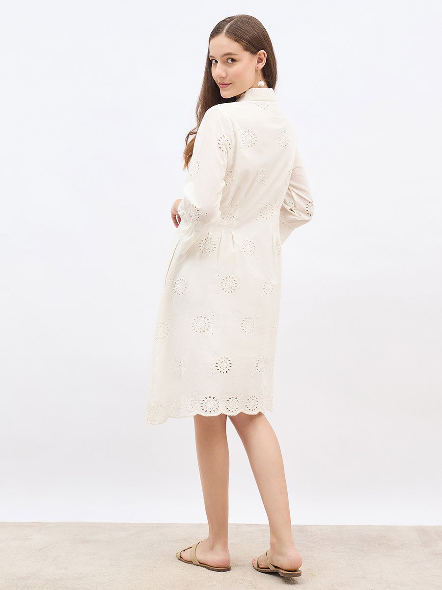Women Bell Sleeves Schiffli Knee-Length Dress