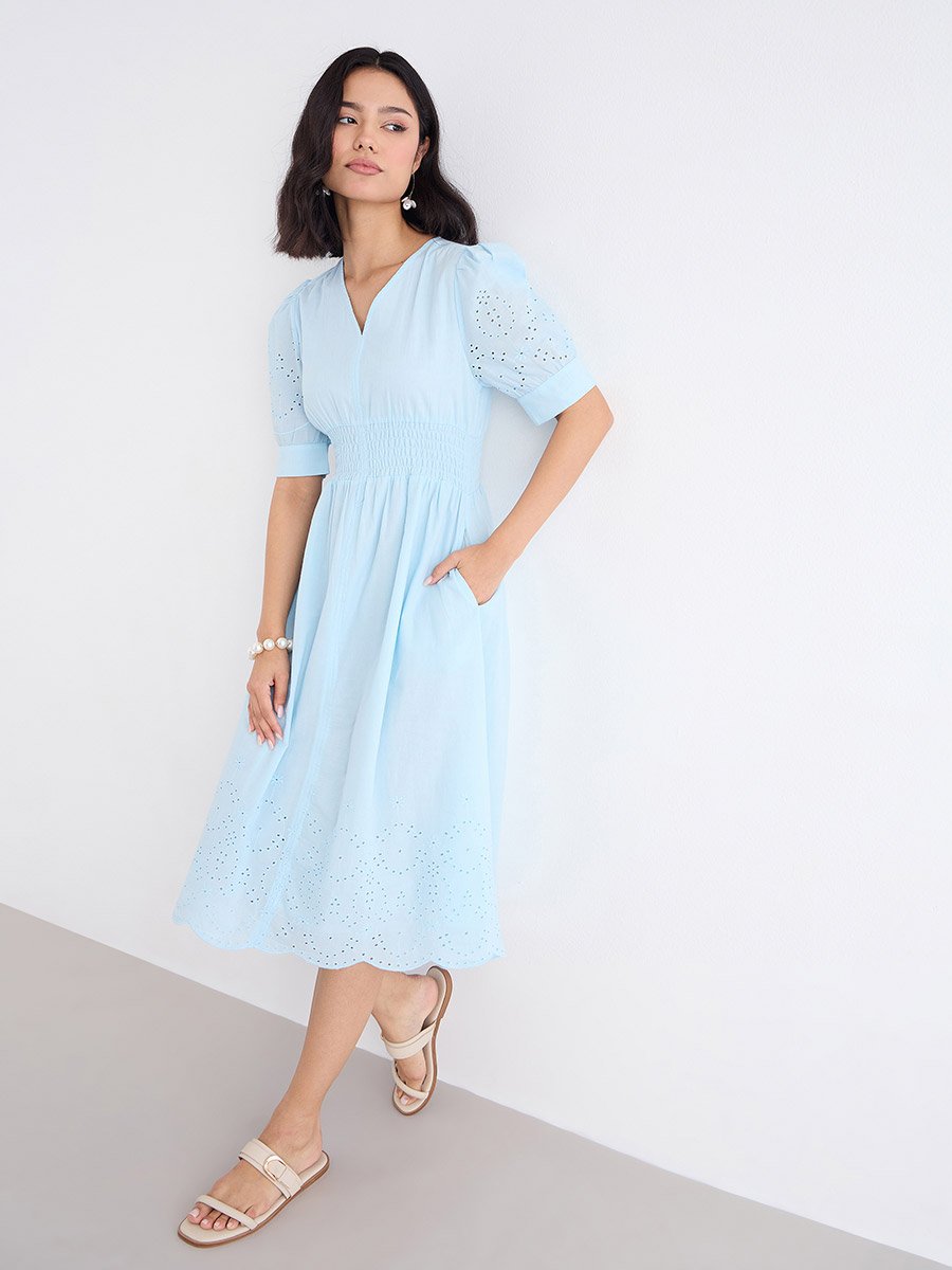 Women Light Blue Schiffli V Neck A-Line Mid Dress