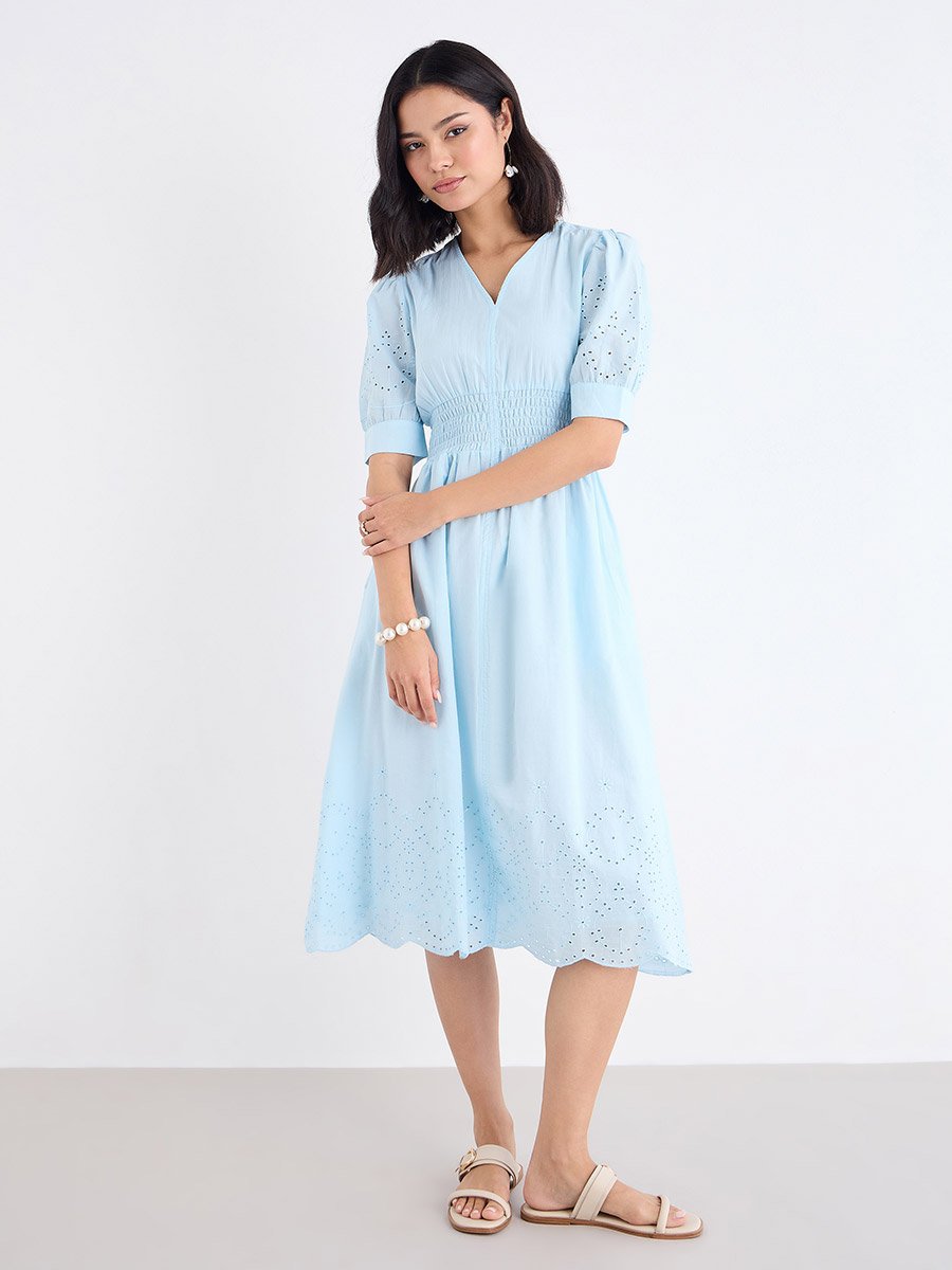 Women Light Blue Schiffli V Neck A-Line Mid Dress