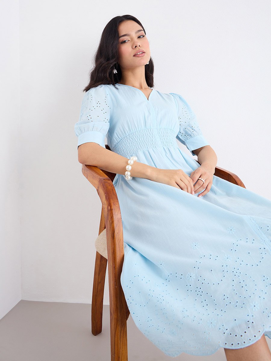 Women Light Blue Schiffli V Neck A-Line Mid Dress