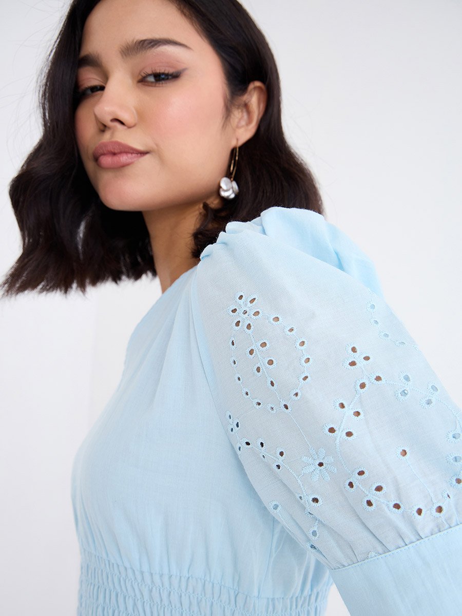Women Light Blue Schiffli V Neck A-Line Mid Dress