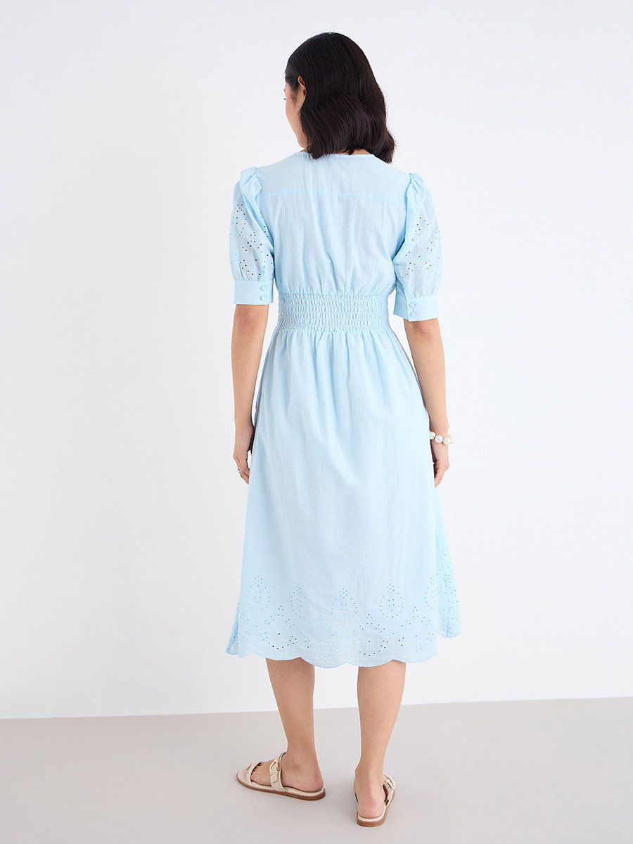 Women Light Blue Schiffli V Neck A-Line Mid Dress
