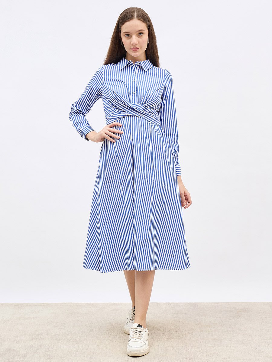 Striped Collared Long Sleeve Midi Dress