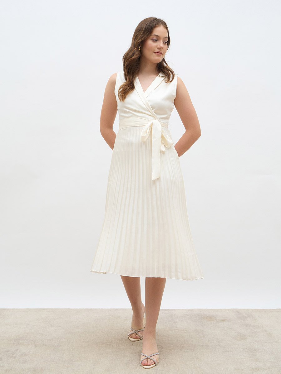Sleeveless Pleated A-Line Wrap Midi Dress