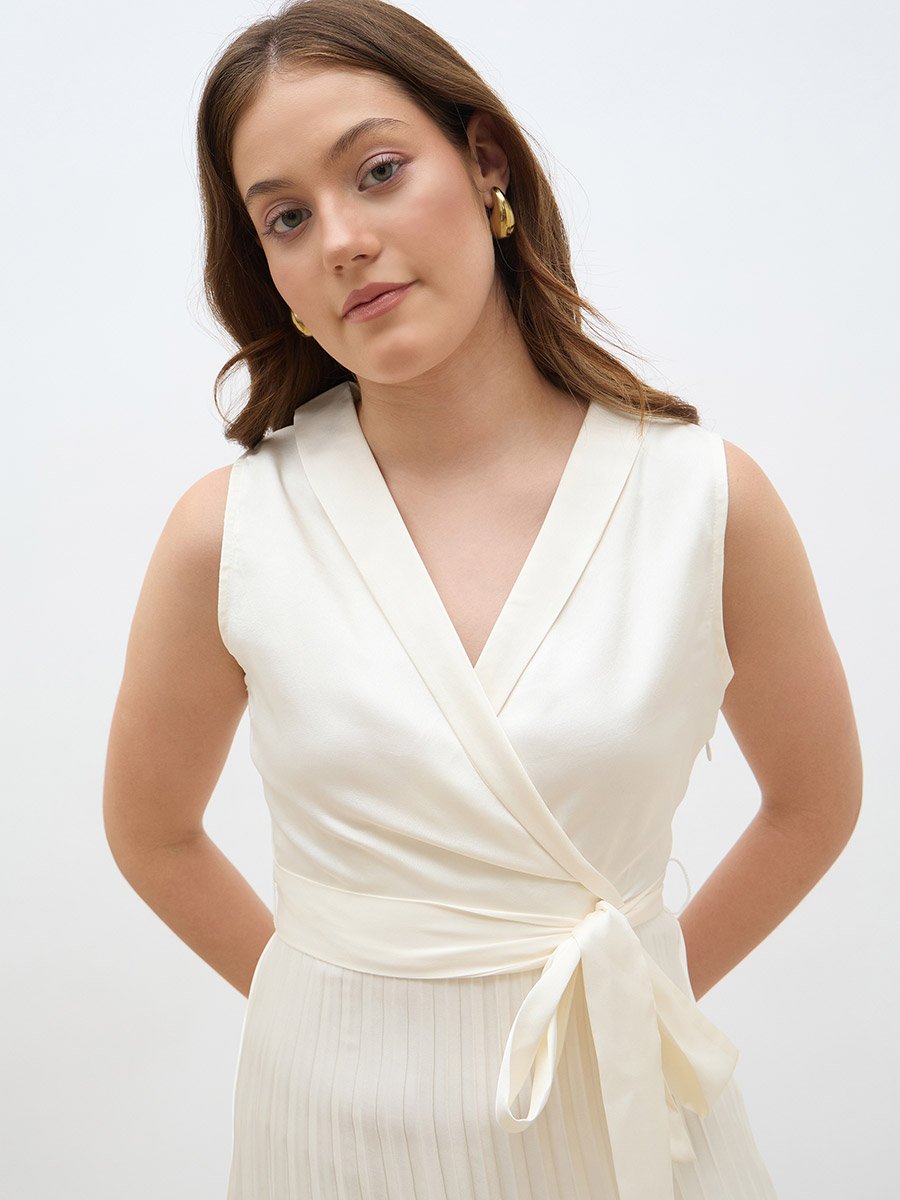 Sleeveless Pleated A-Line Wrap Midi Dress