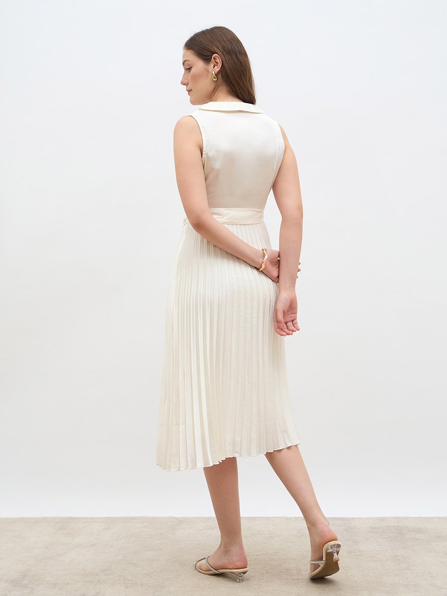 Sleeveless Pleated A-Line Wrap Midi Dress