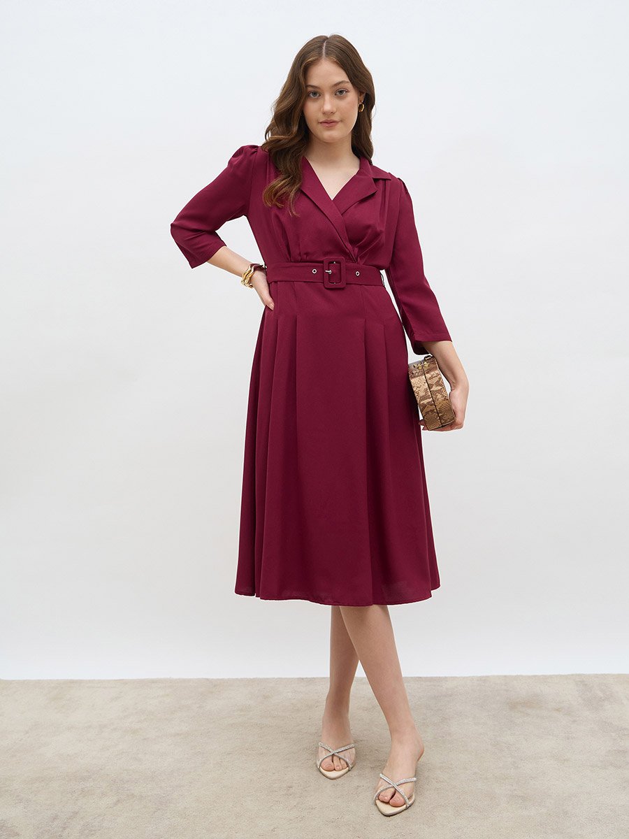Solid Pleated A-Line Wrap Midi Dress For Women at UAE | Styli Solid Pleated A-Line Wrap Midi Dress For Women at UAE | Styli