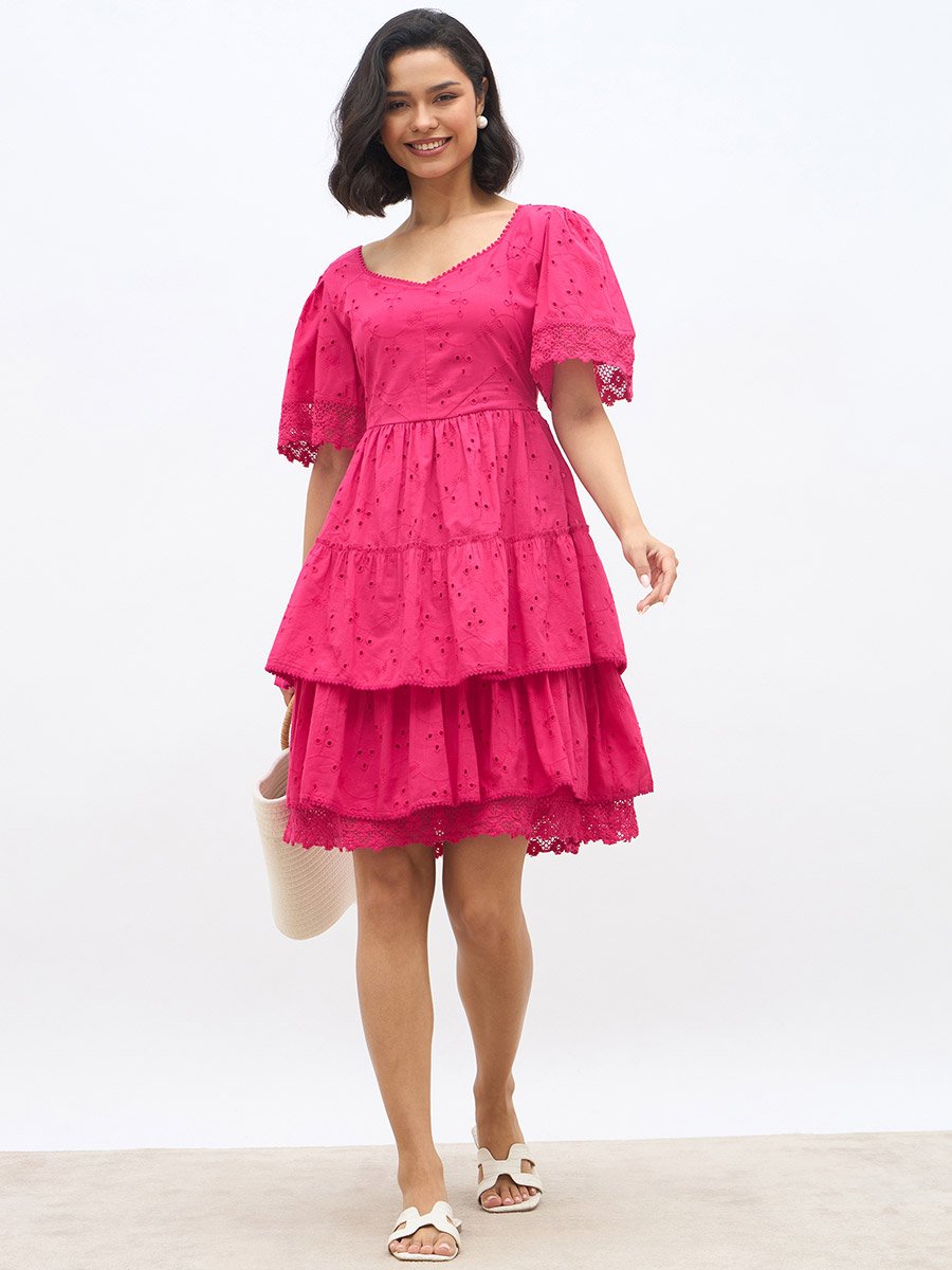 Schiffli Flared Sleeves Layered Tiered Knee-Length Dress For Women at UAE |  Styli