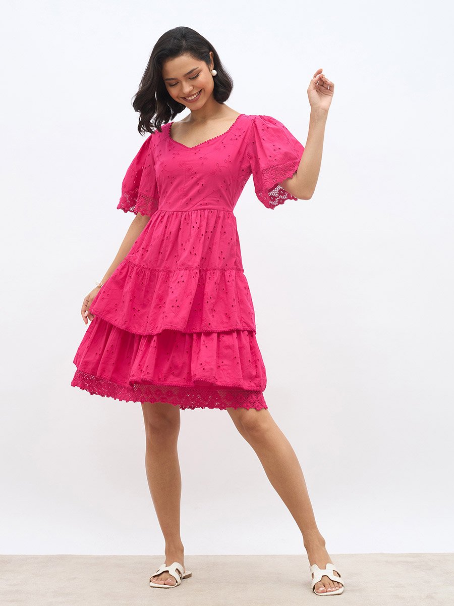 Schiffli Flared Sleeves Layered Tiered Knee-Length Dress For Women at UAE | Styli Schiffli Flared Sleeves Layered Tiered Knee-Length Dress For Women at UAE | Styli