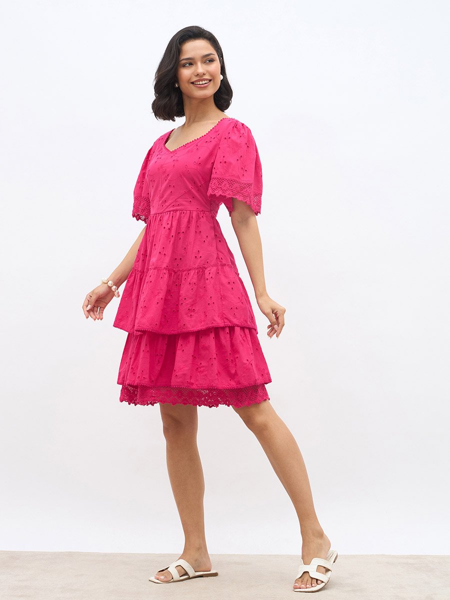 Schiffli Flared Sleeves Layered Tiered Knee-Length Dress