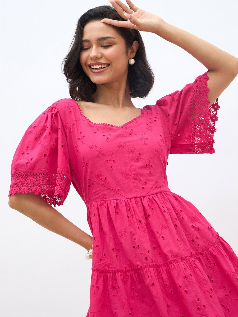 Schiffli Flared Sleeves Layered Tiered Knee-Length Dress For Women at UAE |  Styli