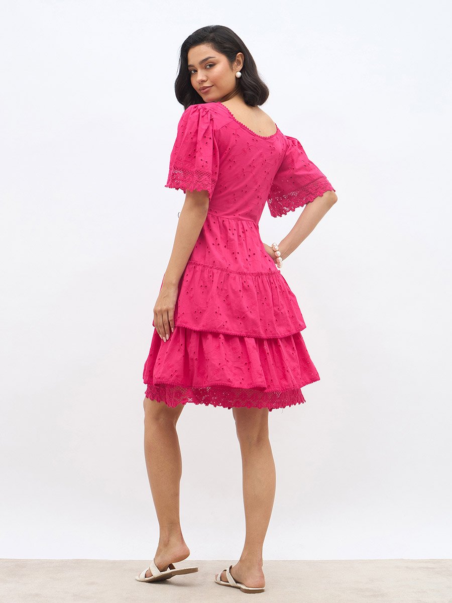 Schiffli Flared Sleeves Layered Tiered Knee-Length Dress