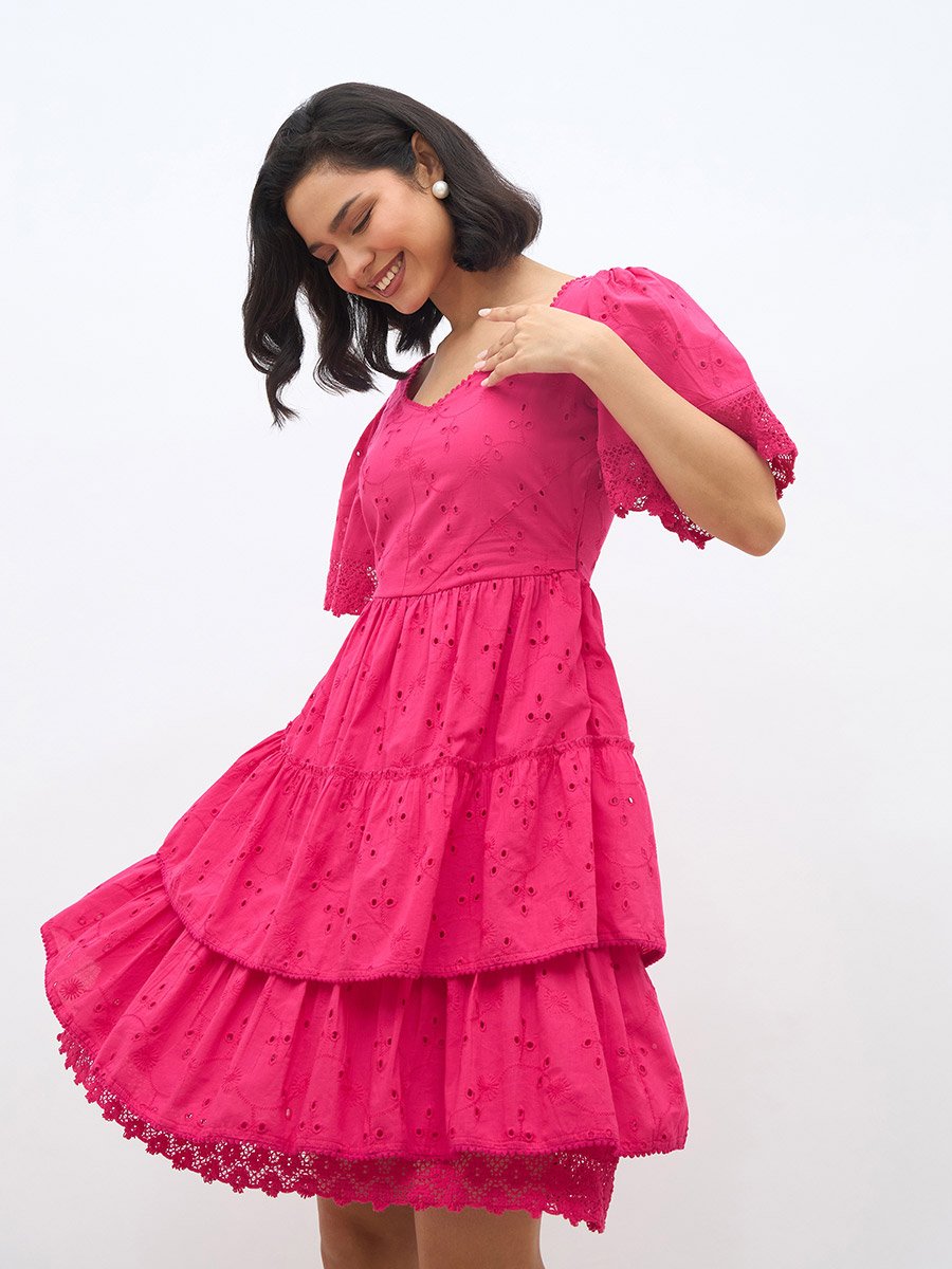 Schiffli Flared Sleeves Layered Tiered Knee-Length Dress For Women at UAE |  Styli
