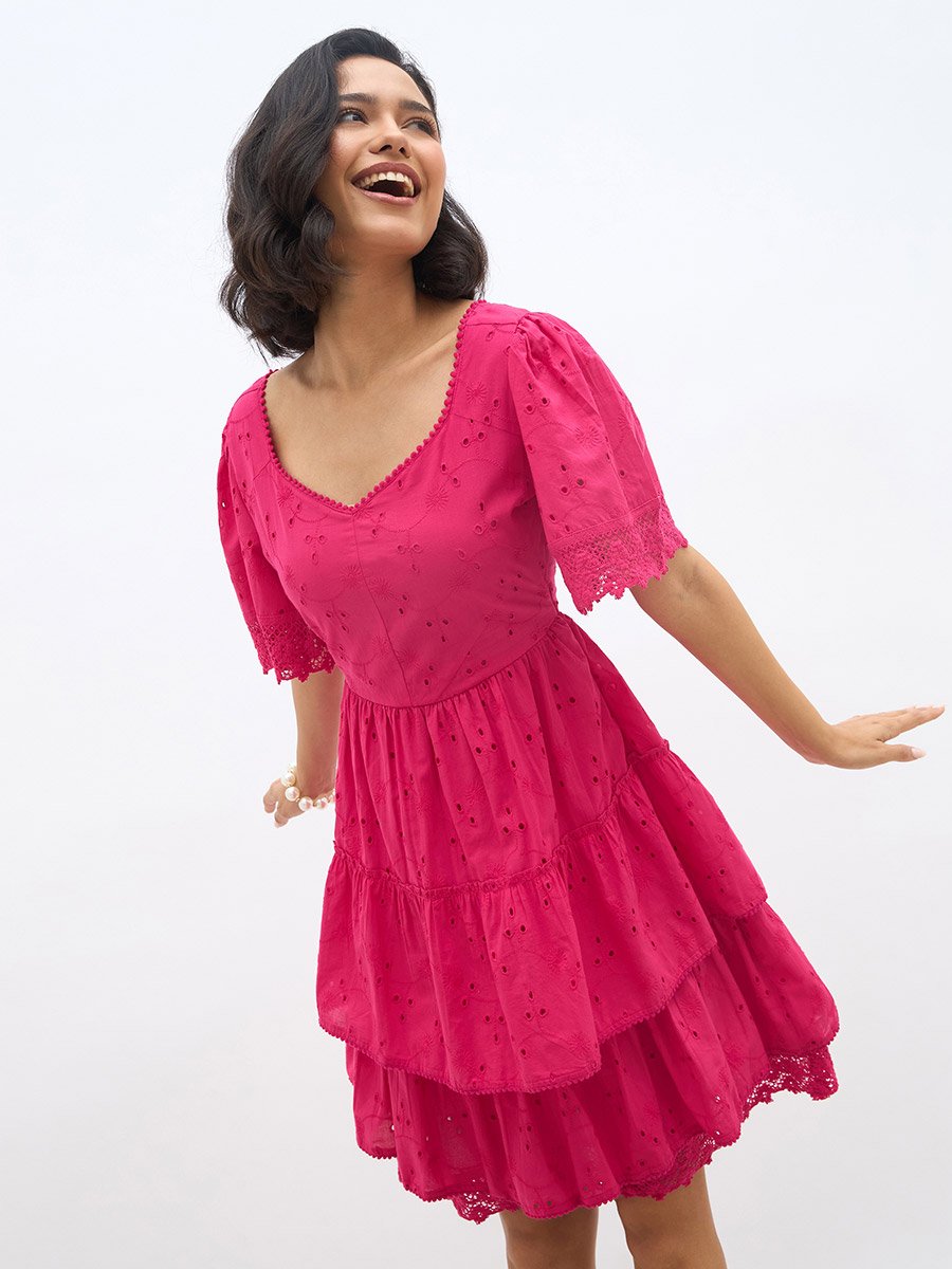 Schiffli Flared Sleeves Layered Tiered Knee-Length Dress