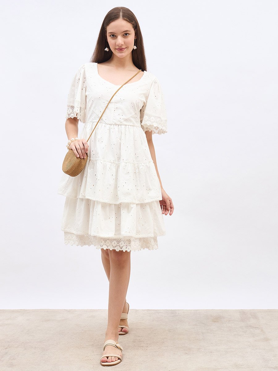 Schiffli Trim Layered Knee-Length Dress
