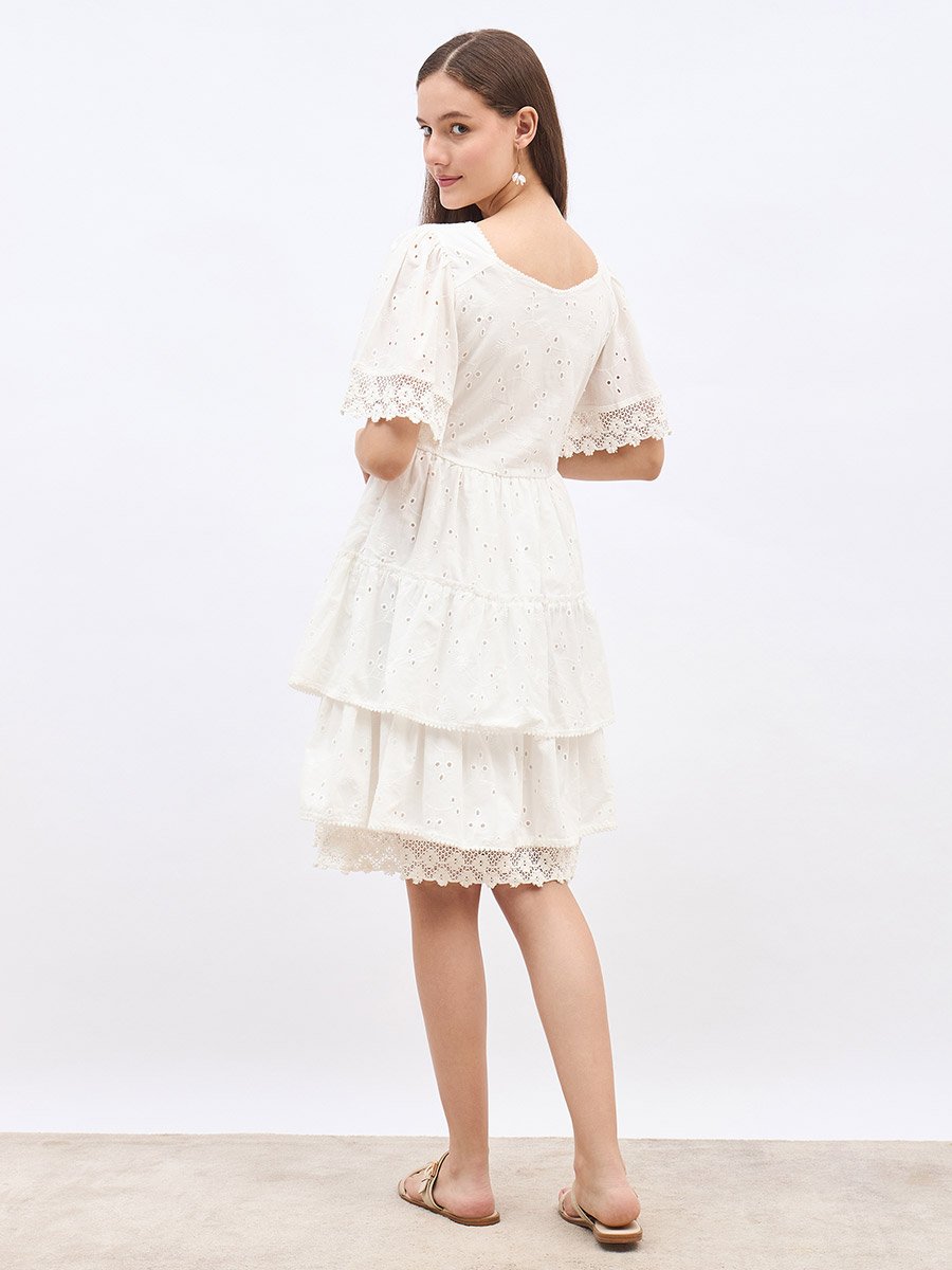 Schiffli Trim Layered Knee-Length Dress